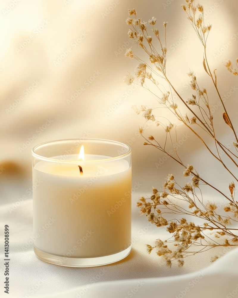 Autumn Wellness Aromatherapy Scene with Natural Soy Candle and Dried Botanical Elements on Textured Neutral Background