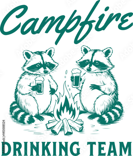 Campfire Drinking Team – Two Raccoons Toasting by Fire in Forest, Funny Outdoor Animal Illustration