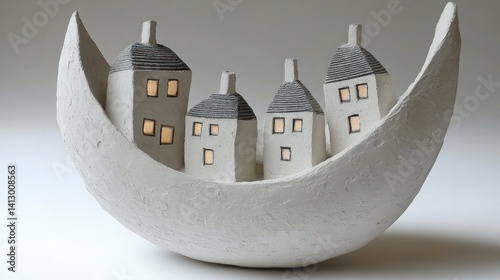 Miniature ceramic houses on crescent moon