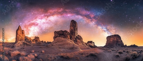 Cosmic Rocky Landscape Under Vibrant Nebula Sky with Surreal Pink and Purple Galactic Formations for Science Fiction Art Background