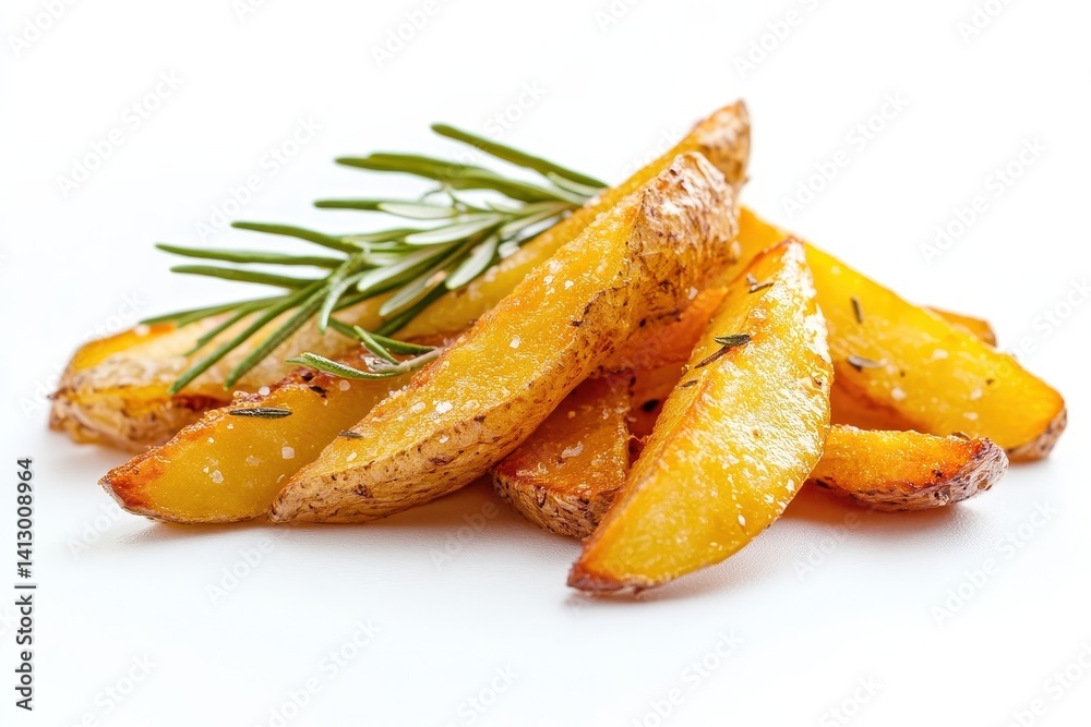 Crispy Golden French Fries Arranged in Modern Composition on Clean White Background Perfect for Restaurant Menu and Food Marketing