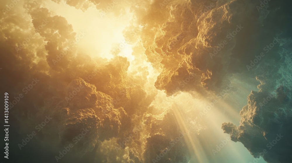 Divine Celestial Scene with Radiant Light Beams Breaking Through Dramatic Clouds Depicting Spiritual Awakening