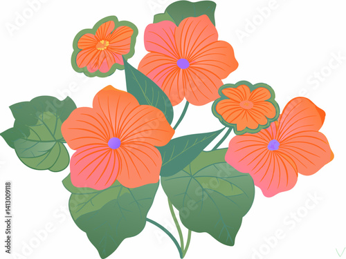 Illustration of tropical warm-colored flowers. Vector. Simple.