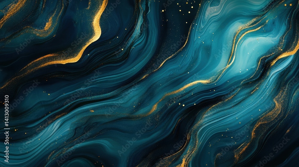 Dynamic Ocean Waves Abstract in Deep Turquoise and Metallic Gold Creating Fluid Art Pattern for Luxury Maritime Design