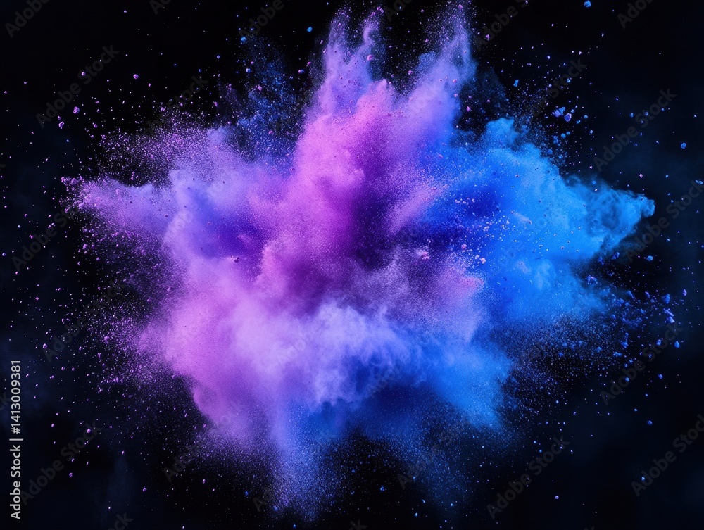 Dynamic Powder Explosion Photography Featuring Ethereal Blue and Purple Clouds Against Deep Black Background with Freeze Motion Effect