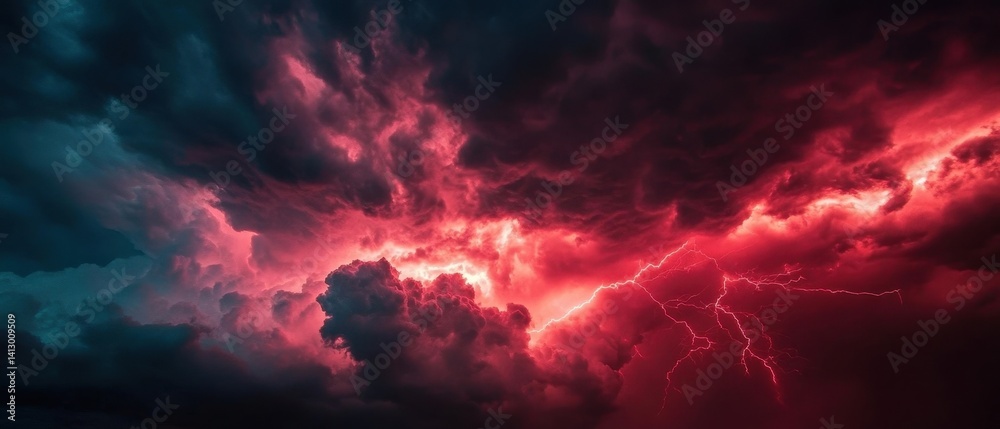 Dynamic Storm Cloud Formation with Dramatic Red Lightning Strike Against Dark Atmospheric Sky