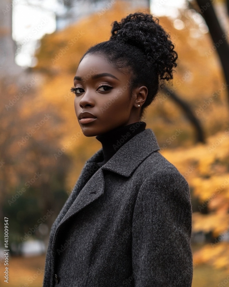Elegant African American Woman in Autumn Fashion Walking Through Central Park with Fall Foliage