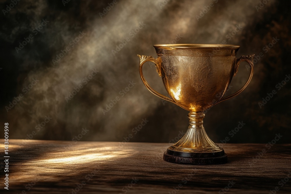 Elegant Golden Victory Trophy Illuminated on Vintage and Success Concepts