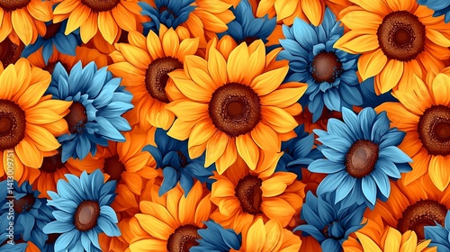 Vibrant sunflowers and captivating blue daisies in a seamless, colorful floral design