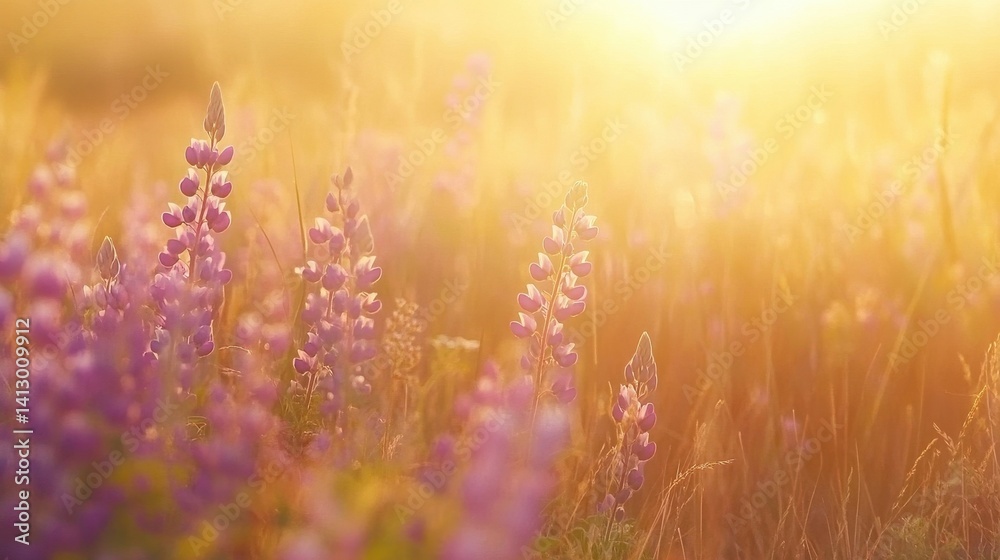 Enchanted Wildflower Meadow at Golden Hour with Purple Lupines Dancing in Summer Breeze Perfect for Nature and Wellness Backgrounds