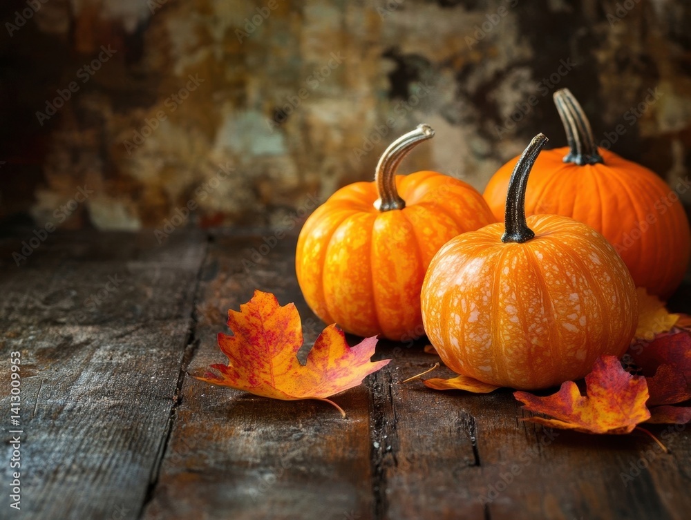 Enchanting Autumn Still Life with Rustic Pumpkins Surrounded by Vibrant Fall Foliage and Golden Seasonal Elements