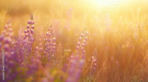 Obraz na płótnie Enchanted Wildflower Meadow at Golden Hour with Purple Lupines Dancing in Summer Breeze Perfect for Nature and Wellness Backgrounds w salonie