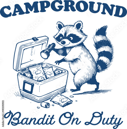 Campground Bandit on Duty – Raccoon Stealing Food from Cooler, Hilarious Forest Camping Illustration