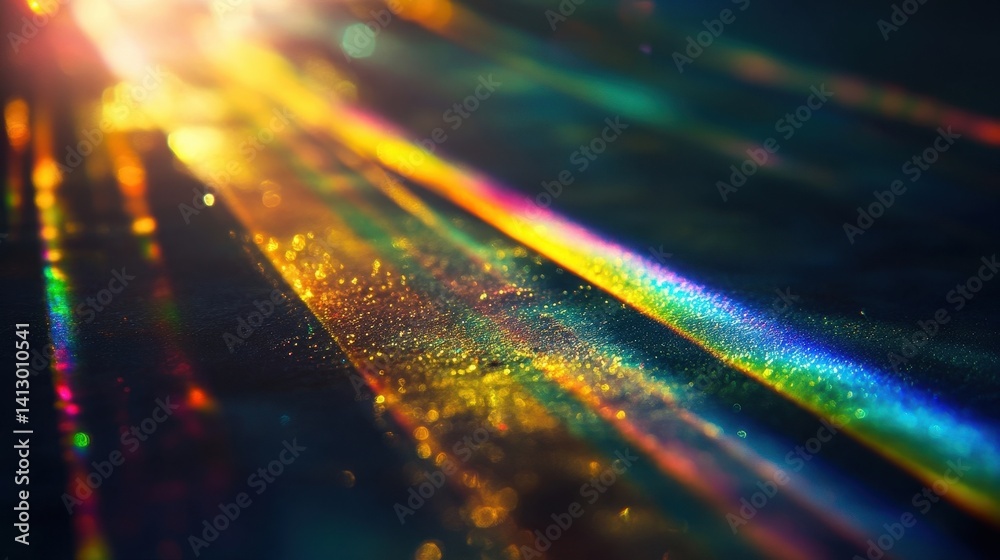 Ethereal Rainbow Crystal Light Refraction Display Against Dark Background with Prismatic Spectrum Effects and Luminous Rays Perfect for Overlays