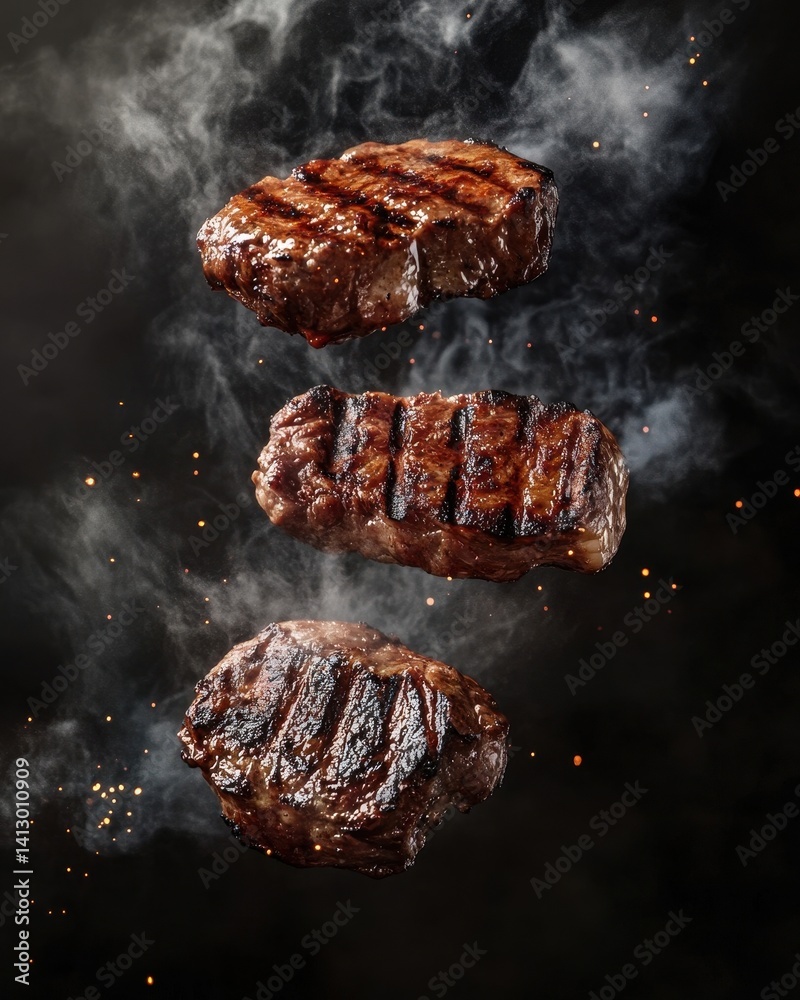 Gourmet BBQ Platter with Sizzling Steaks and Smoky Char Marks Floating in Dramatic Light for Food Photography