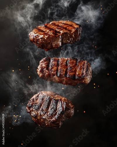 Obraz na płótnie Gourmet BBQ Platter with Sizzling Steaks and Smoky Char Marks Floating in Dramatic Light for Food Photography w salonie