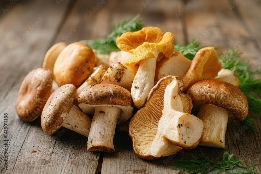 Gourmet Wild Mushroom Collection Fresh Organic Varieties on Rustic Wooden Surface Natural Food Photography Culinary Ingredients