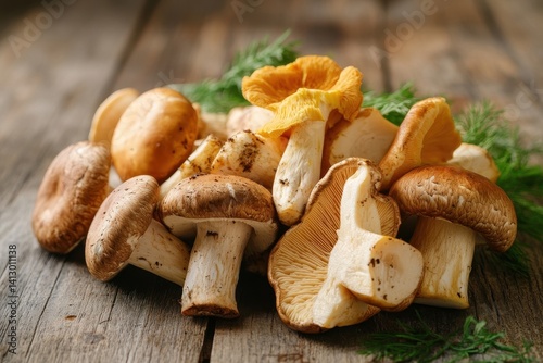 Obraz na płótnie Gourmet Wild Mushroom Collection Fresh Organic Varieties on Rustic Wooden Surface Natural Food Photography Culinary Ingredients w salonie
