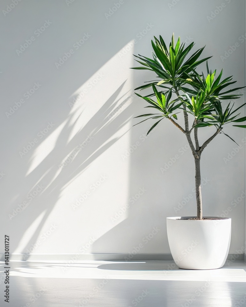 Minimalist Interior Design with Contemporary Potted Plant Against Clean White Wall Perfect for Modern Home Staging