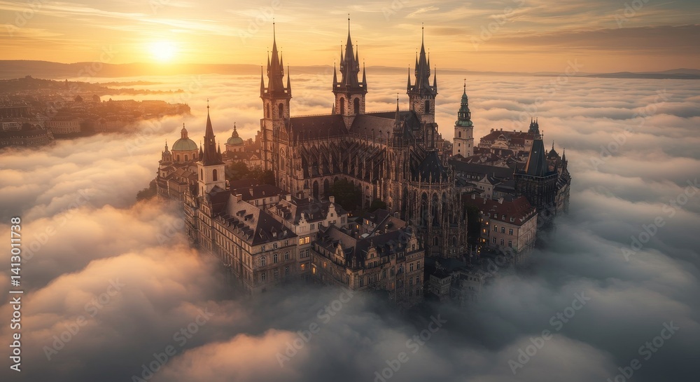 Naklejka premium Majestic Castle Above the Clouds - A breathtaking aerial view of a majestic castle enveloped in a sea of clouds at sunrise. Golden light illuminates the scene