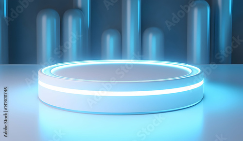 3D render, abstract white glowing podium platform with a circular neon light background for product presentation, an empty mockup