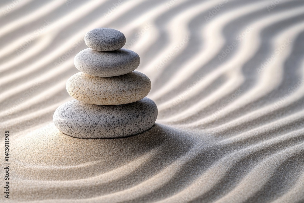 Minimalist Wellness and Meditation Background with Stacked Balance Stones on Rippled Sand Creating Peaceful Zen Garden Atmosphere