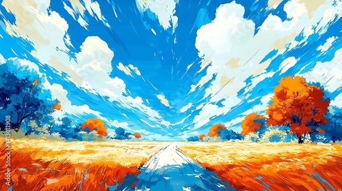Vivid rural landscape with a vanishing road under a dynamic sky painting