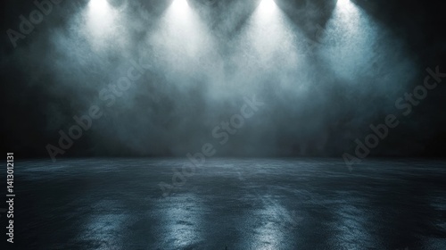 Obraz na płótnie Modern Dark Theater Stage with Ethereal Fog and Dramatic Spotlights Creating Mysterious Empty Performance Space Perfect for Events and Entertainment w salonie
