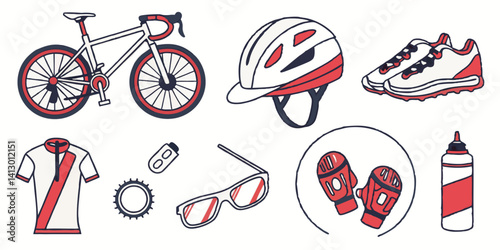 Cycling Gear Vector Art: Bike, Helmet, Shoes, Jersey, Gloves, Bottle