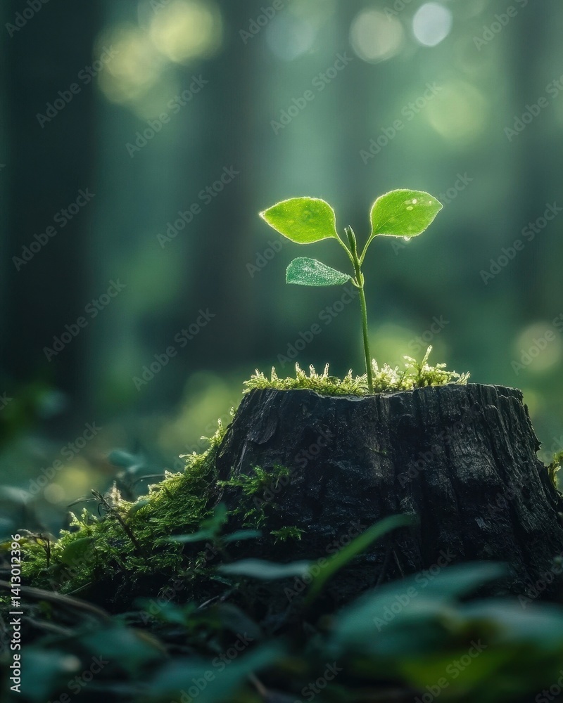 New Life Growing From Nature Cycle With Young Green Sapling Emerging From Ancient Tree Stump in Mystical Forest Setting