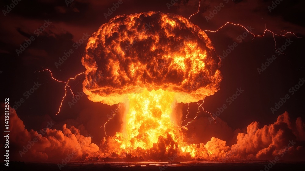 Powerful Nuclear Detonation Captured at Night with Dramatic Lightning and Stormy Clouds Creating an Apocalyptic Atmosphere