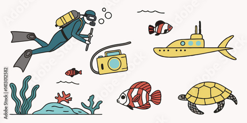 Cartoon Underwater Illustration: Scuba Diver, Submarine, Clownfish, Turtle, Ocean Life