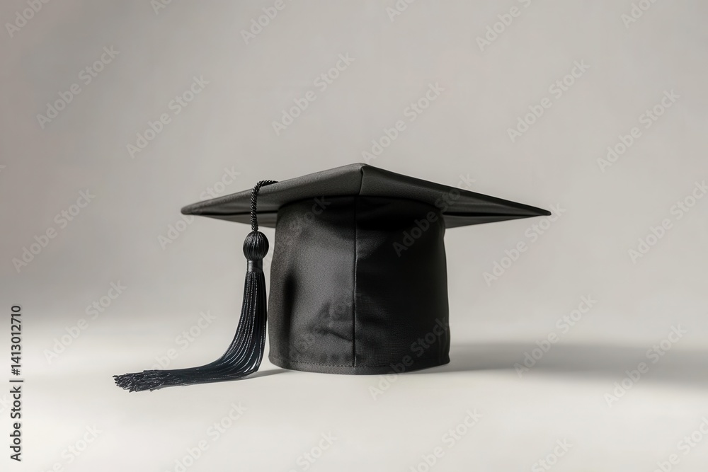 Professional College Graduation Mortarboard Cap with Black Tassel Floating in Clean Studio Space Perfect for Educational Achievement and Academic Success