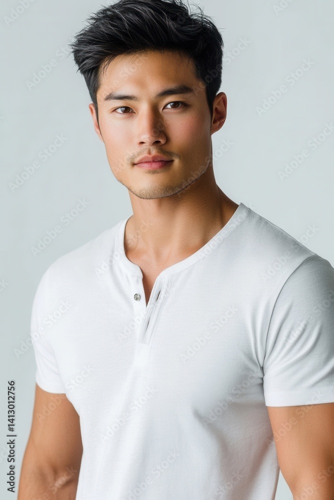 Professional Male Fashion Model Showcasing Premium Henley T-shirt Design in Multiple Angles on Clean Studio Background