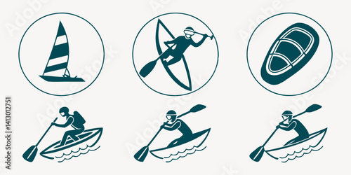 Water Sports Icons: Sailing, Kayaking, Rafting Line Art for Outdoor Recreation & Activities