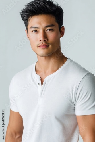 Obraz na płótnie Professional Male Fashion Model Showcasing Premium Henley T-shirt Design in Multiple Angles on Clean Studio Background w salonie