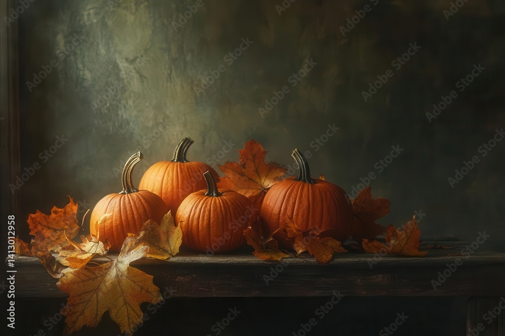 Pumpkins and Autumn Leaves Arrangement in Rustic Fall-Themed Still Life