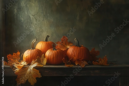 Obraz na płótnie Pumpkins and Autumn Leaves Arrangement in Rustic Fall-Themed Still Life w salonie
