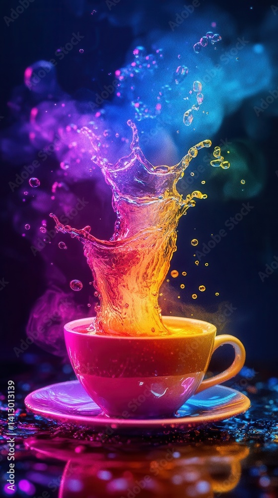 Rainbow Explosion Inside Coffee Cup Creating Magical Visual Effect
