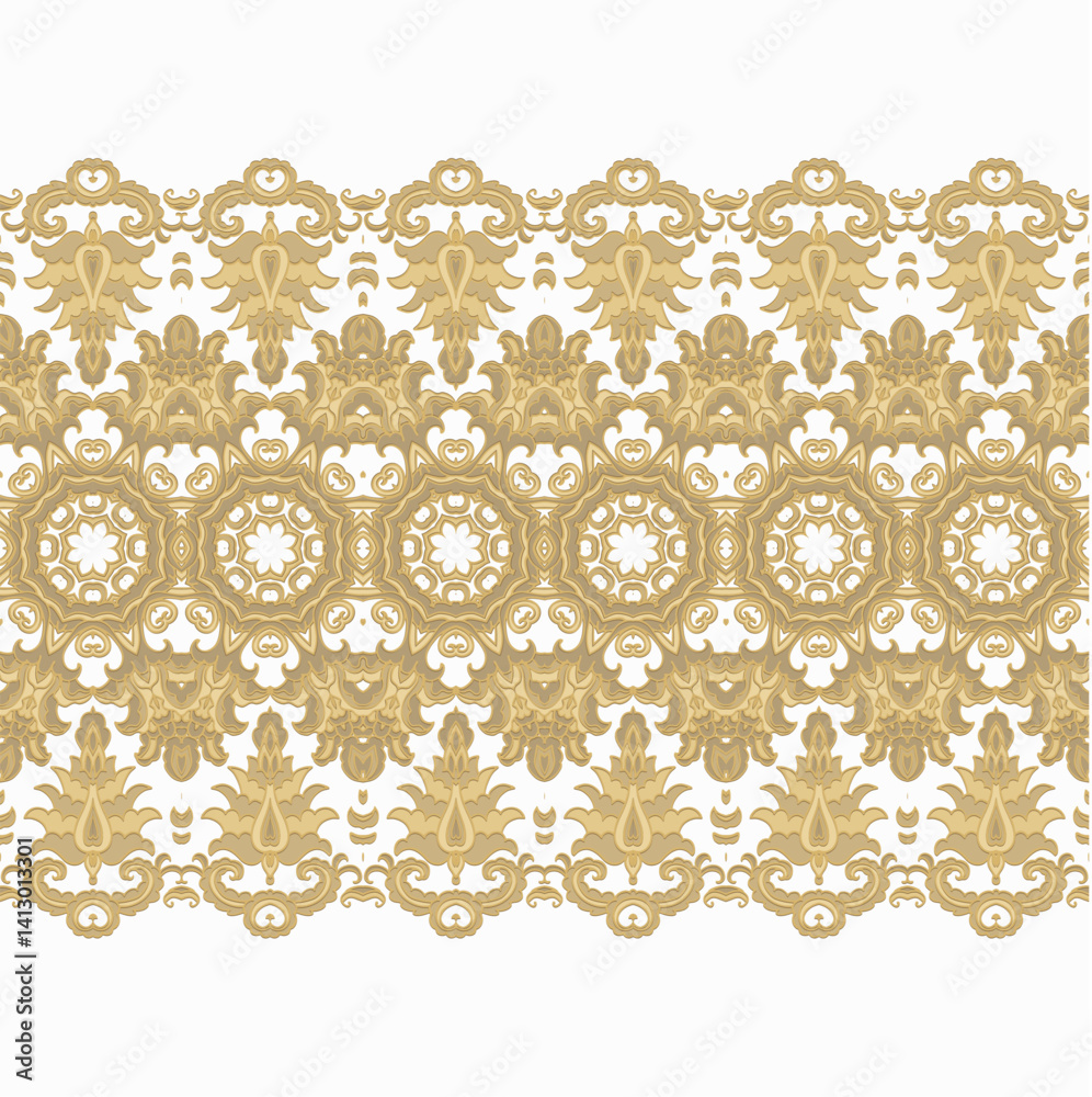 Obraz premium Golden calligraphic floral ornament, border vector pattern, ornamental laced design, on white background