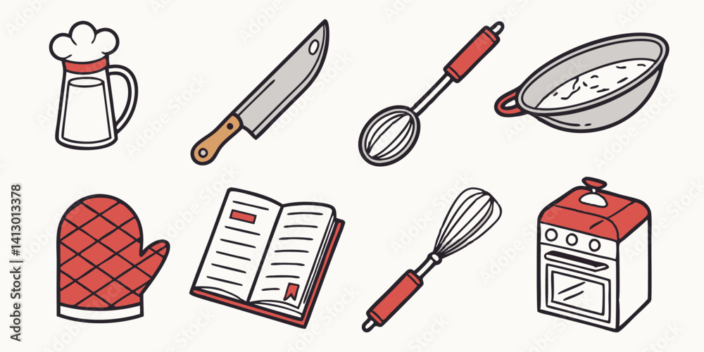 Cartoon Kitchen Utensils Cookbook Oven Knife Whisk Spoon Bowl Chef Hat Image
