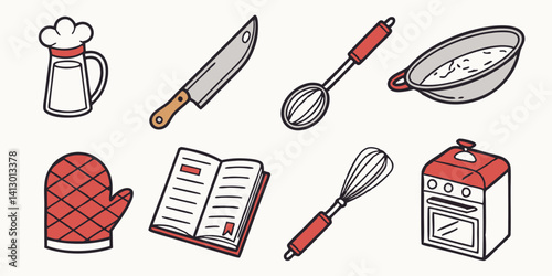 Cartoon Kitchen Utensils Cookbook Oven Knife Whisk Spoon Bowl Chef Hat Image
