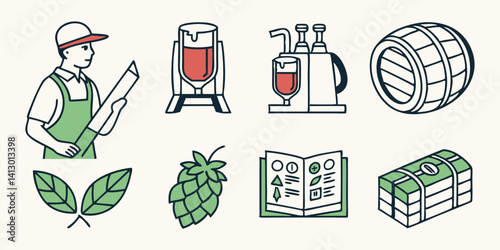 Craft Beer Brewing Process Illustrations: Brewer, Hops, Barrel, Recipe Book - Vector Art