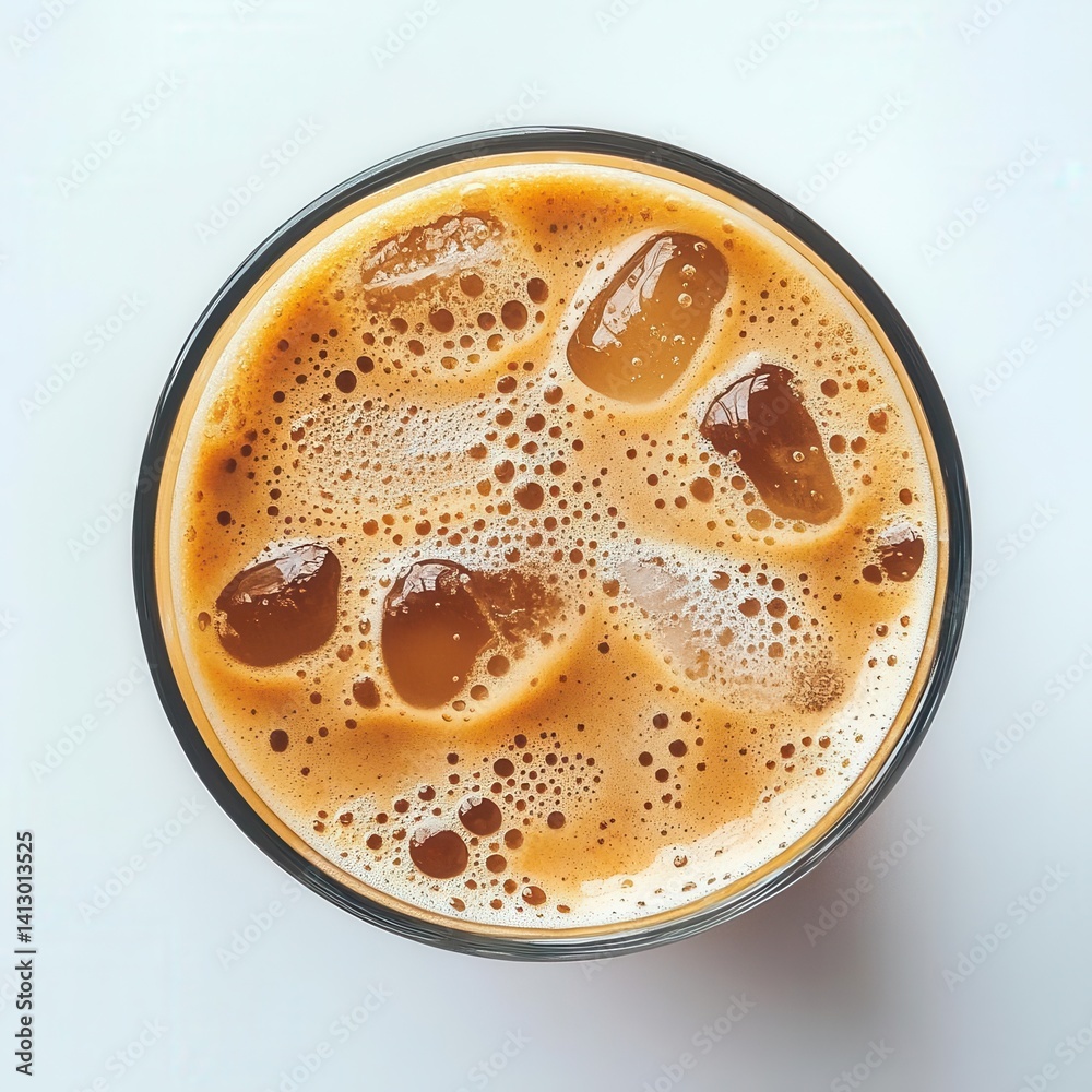 Refreshing Iced Coffee with Ice Cubes and Straw on Minimalist White Background