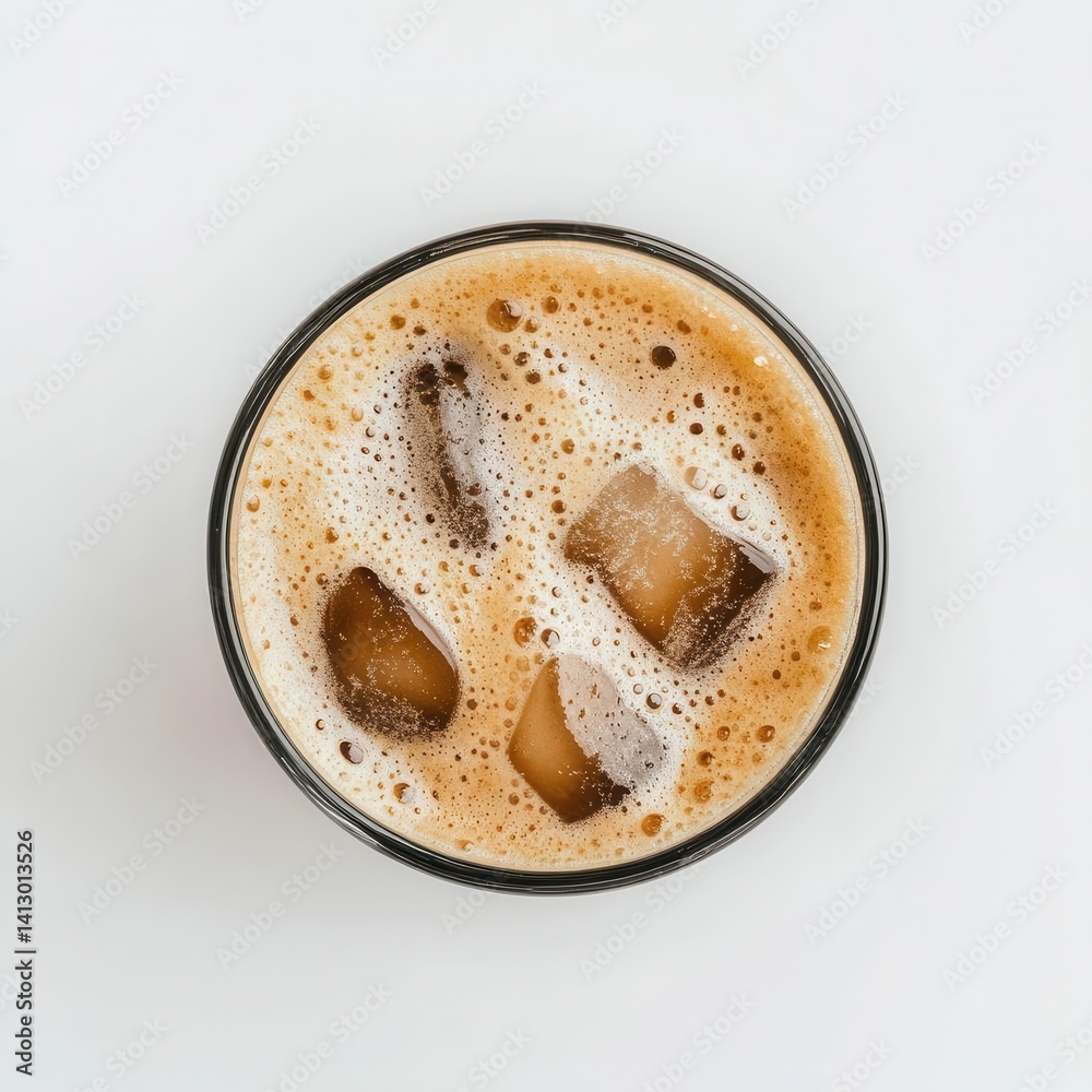 Refreshing Iced Coffee with Ice Cubes and Straw on Minimalist White Background