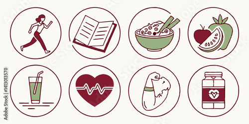 Health and Wellness Icons Set: Running, Reading, Healthy Food, Fruits, Juice, Heart, Pills - Flat Line Art Maroon & Green