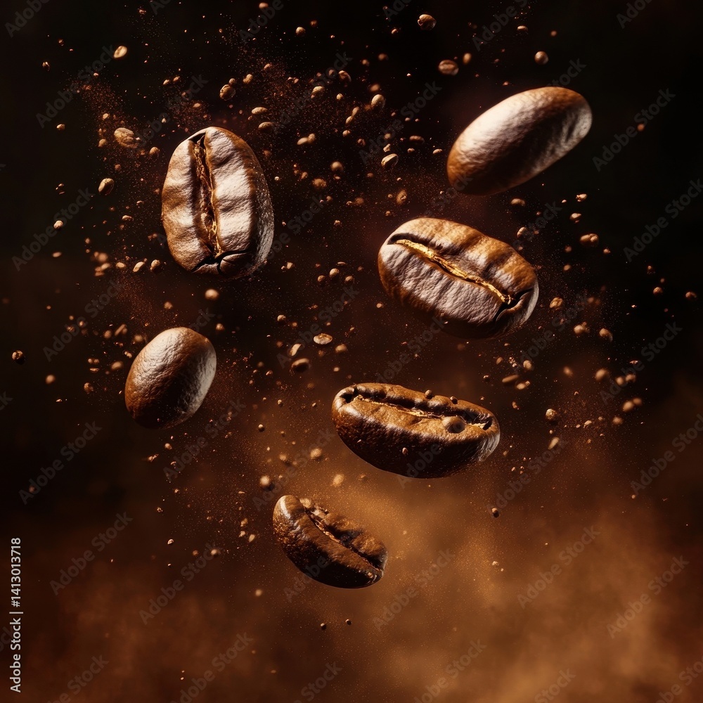 Rich Dark Coffee Beans Explosion with Steam and Aromatic Mist Creating Dynamic Coffee Art Photography