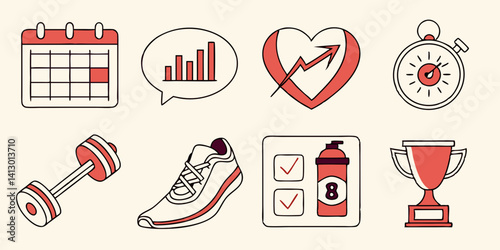 Fitness Workout Icons Set: Calendar, Progress, Heart, Stopwatch, Dumbbell, Running Shoe, Protein Shaker, Trophy - Flat Vector Style