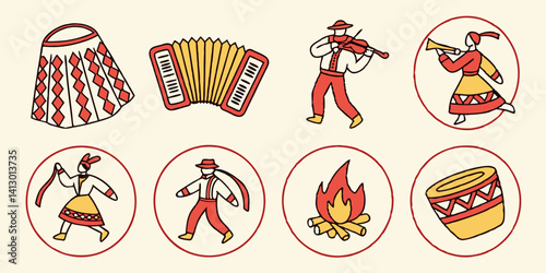 Folk Music & Dance Festival Cartoon Icons: Instruments, Fire