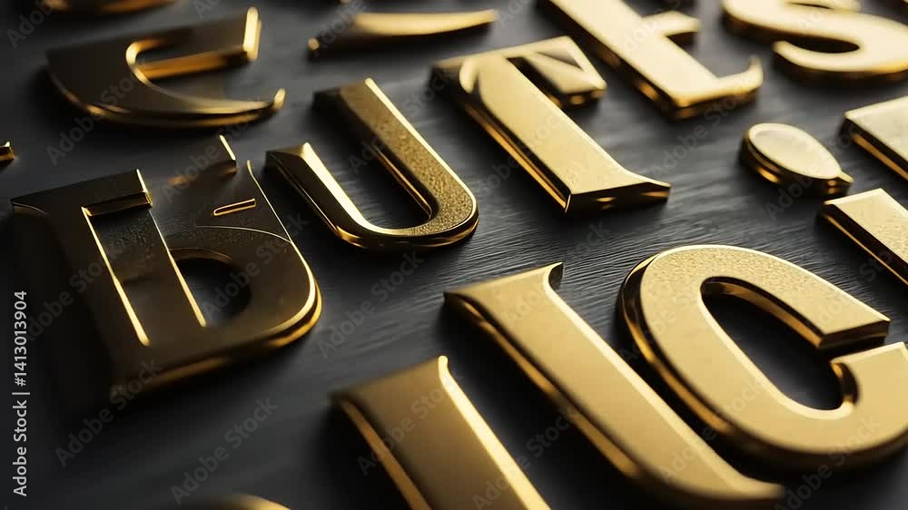 Close-up of shiny golden letters arranged artistically on a dark wooden surface